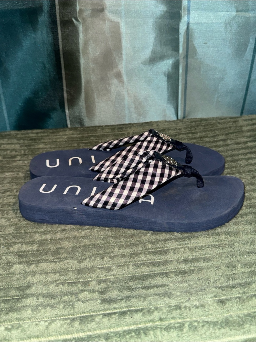 Unisa Navy Blue Gingham Bow Flip Flop Sandals for Women